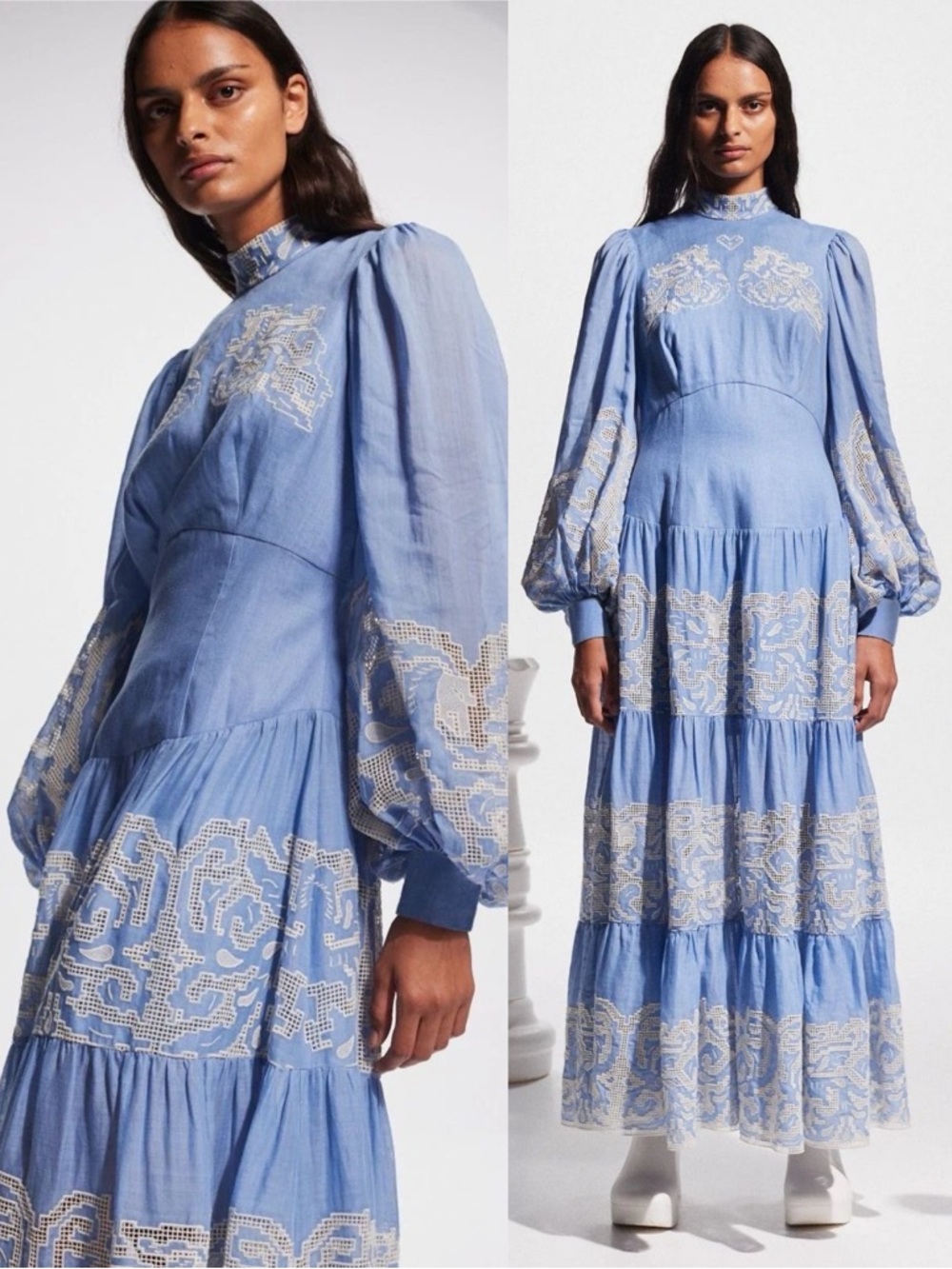 ALEMAIS Arion Puff Sleeve Embroidered Dress Sky Blue Off White NEW with tags